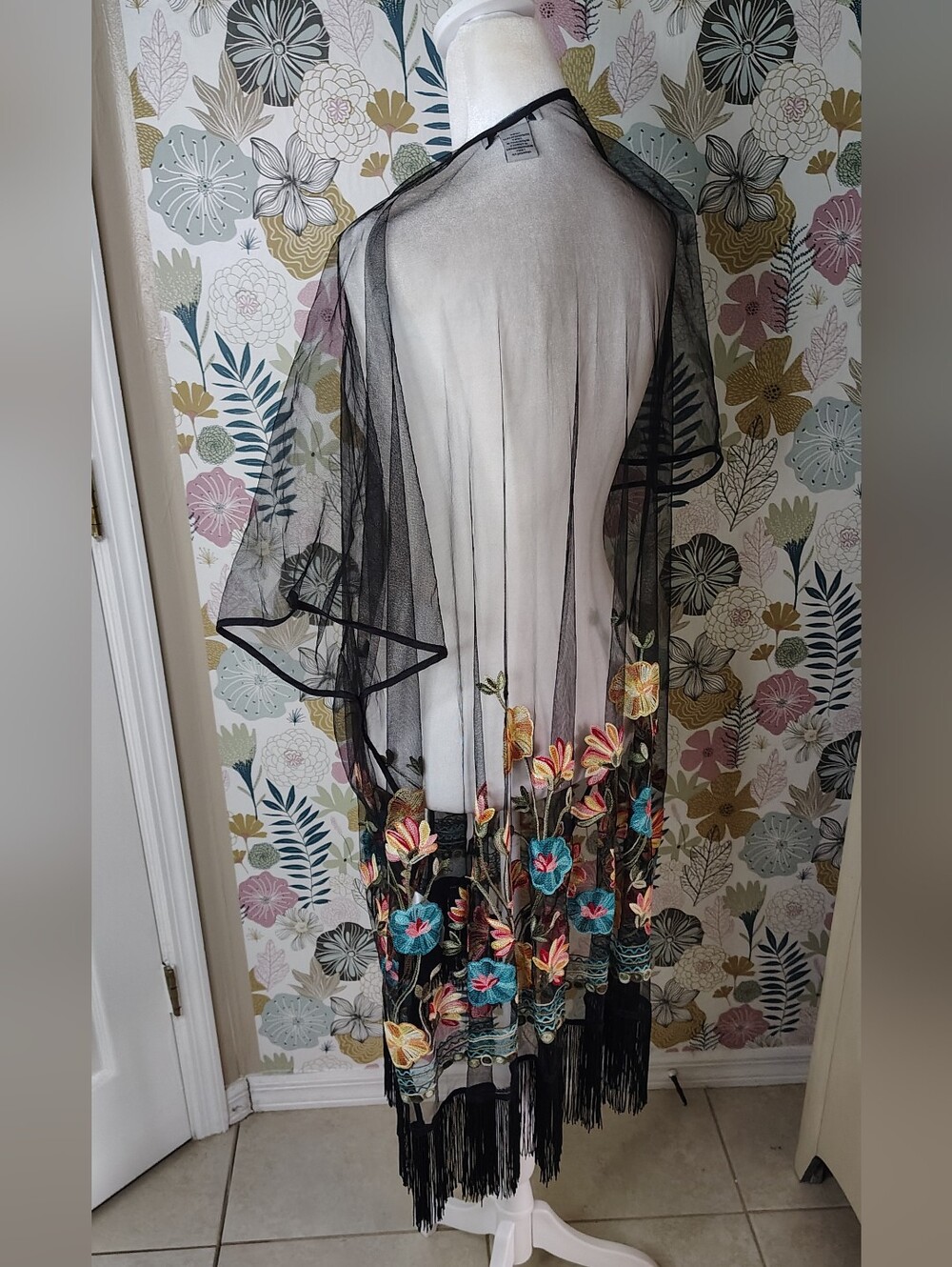 Haute Hippie  Sheer Embroidered Floral Fringe Swim Coverup Open Front Kimono - Picture 5 of 7